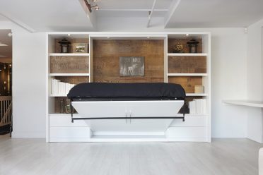 Lit escamotable blanc et bois moderne ouvert