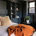 Chambre moderne avec lit escamotable intégré dans un placard en bois bleu, entouré d'étagères. Une couverture orange brûlée donne un effet chaleureux à la pièce.